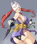  armpits ass back bandages black_legwear black_panties breasts elbow_gloves fox_mask from_behind gloves highres japanese_clothes kimono kunai kunimitsu_(tekken) large_breasts lips long_hair mask mole naoyuki ninja obi panties purple_legwear red_hair sarashi sash scar short_kimono sideboob sleeveless sleeveless_kimono solo tekken tekken_tag_tournament_2 thighhighs twintails underwear vambraces weapon 