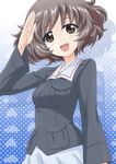  :d akiyama_yukari bangs blue_jacket blush brown_eyes brown_hair girls_und_panzer green_shirt jacket long_sleeves looking_at_viewer messy_hair military military_uniform niriru ooarai_military_uniform open_mouth pleated_skirt salute shirt short_hair skirt smile solo uniform upper_body white_skirt 