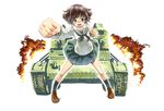  7tp :d akiyama_yukari bangs black_legwear blouse blush_stickers bow bowtie brown_eyes brown_footwear brown_hair caterpillar_tracks clenched_hands fire foreshortening full_body girls_und_panzer green_skirt ground_vehicle highres loafers long_sleeves looking_at_viewer messy_hair military military_vehicle miniskirt missacula motor_vehicle neckerchief ooarai_school_uniform open_mouth pleated_skirt school_uniform serafuku shoes short_hair skirt smile socks solo standing tank white_blouse 