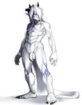  abs angry anthro balls biceps claws digitigrade dragon ear_piercing flaccid fur hair horn human hybrid long_tail male mammal markings muscles nude patto pecs penis piercing plain_background pose red_eyes sketch slim solo standing tattoo toe_claws toned white_background white_hair white_skin 