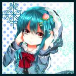  ascot blue_hair coat food fruit hair_ornament hairclip hinanawi_tenshi hood long_hair oumi_hi peach red_eyes smile solo touhou 