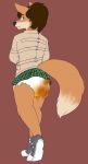  anthro biped canid canine canis clothing diaper feces female fox fur hair hybrid jenny_(powhatan) looking_back mammal maridiamarius messy_diaper rear_view scat simple_background skirt soiling solo standing straitjacket urine watersports wet_diaper wetting wolf 