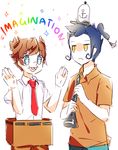  anchor bad_id bad_pixiv_id blue_eyes blue_hair brown_hair buck_teeth clarinet cosplay english frown imagining inazuma_eleven_(series) inazuma_eleven_go instrument matsukaze_tenma multiple_boys namie-kun necktie spongebob_squarepants spongebob_squarepants_(character) spongebob_squarepants_(character)_(cosplay) squidward_tentacles tsurugi_kyousuke white_background yellow_eyes 