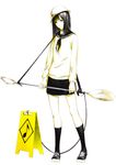  bangs black_hair cable copyright_request full_body helmet highres kneehighs legs long_hair monochrome musical_note pleated_skirt sailor_collar shovel simple_background skirt solo sousou_(sousouworks) white_background 