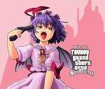  bat_wings fangs grand_theft_auto grand_theft_auto:_san_andreas gun gun_to_head hat highres holding holding_gun holding_weapon kato_(mogumoguokome) parody purple_hair red_eyes remilia_scarlet revision short_hair solo tongue touhou weapon wings 
