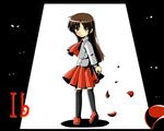  ascot brown_hair copyright_name expressionless eyes flower ib ib_(ib) kneehighs letterboxed long_hair looking_back open_mouth petals red_eyes red_flower red_rose rose shirt skirt solo sora_no_amagumo 