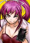  absurdres breasts camisole cape cellphone cleavage highres ichigai_(hayawossan) long_hair medium_breasts one_eye_closed phone ponytail purple_eyes purple_hair smartphone solo under_night_in-birth very_long_hair yuzuriha_(under_night_in-birth) 