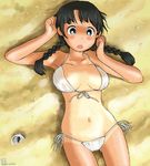  arms_up artist_name awatake_takahiro bikini black_hair blue_eyes blush braid breasts breasts_apart can dated large_breasts lying on_back one-piece_tan original revision sand solo swimsuit tan tanline twin_braids wet white_bikini 