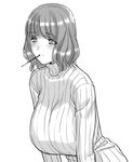  breasts food food_in_mouth greyscale huge_breasts light_smile magaki_ryouta monochrome original pocky ribbed_sweater short_hair simple_background solo sweater white_background 