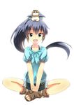  :d animal animal_on_head black_hair blue_eyes earrings fang ganaha_hibiki gangnam_style hamster hamuzou hoop_earrings idolmaster idolmaster_(classic) indian_style jewelry long_hair looking_at_viewer mushiboy on_head open_mouth ponytail sandals shorts sitting smile solo v_arms white_background 