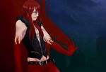  belt blood carmine closed_eyes fur_collar kuroshima_tom long_hair male_focus night night_sky pants red_hair sky solo tattoo under_night_in-birth vest 