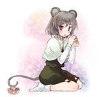 ahoge animal_ears eating food grey_hair mouse_ears mouse_tail nazrin no_shoes nonaka_yuu red_eyes revision short_hair socks solo tail touhou 