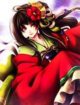  brown_eyes brown_hair flower hair_flower hair_ornament japanese_clothes kimono layered_clothing layered_kimono light_smile onimusha_soul solo uni_(uniuni5) 