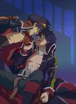  blood blue_hair clothes_grab coat dark_persona dual_persona eye_contact french_kiss garlock_simon goggles goggles_on_head green_eyes highres kiss looking_at_another male_focus multiple_boys open_mouth pandh saliva saliva_trail selfcest shirtless simon sweat tengen_toppa_gurren_lagann tongue tongue_out yaoi 