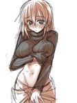  blush breasts large_breasts navel original ribbed_sweater shirt_lift sketch solo sweater tokita_monta 