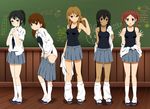  black_eyes black_hair brown_eyes brown_hair chalkboard dark_skin extra food fruit k-on! legs long_hair loose_socks makigami_kimiko miyamoto_akiyo multiple_girls one-piece_swimsuit outstretched_hand revision saeki_mika sakuragaoka_high_school_uniform school_swimsuit school_uniform shian_(my_lonly_life.) shoes socks strawberry swimsuit swimsuit_under_clothes tachibana_himeko twintails undressing uwabaki wakaouji_ichigo white_legwear 