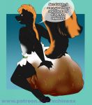  anthro biped diaper english_text feces fur hair hyper hyper_feces leaking_diaper looking_back male mammal maridiamarius mephitid messy_diaper rear_view scat skunk soiling solo text 