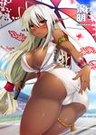  antenna_hair ass bare_shoulders blush breasts dark_elf dark_skin elf kouki_kuu large_breasts open_mouth orange_eyes pointy_ears race_queen revision sansei_muramasa solo soukou_akki_muramasa trefoil umbrella white_hair 