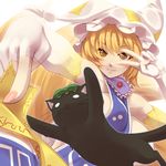  bare_shoulders black_cat blonde_hair breasts cat chen chen_(cat) elbow_gloves fingerless_gloves foreshortening fox_tail gloves hands hat highres large_breasts multiple_tails naked_tabard ofuda revision short_hair sideboob smile symbol-shaped_pupils tabard tail touhou tro v_over_eye white_gloves yakumo_ran yellow_eyes 