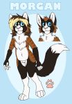  ailurid anthro blonde_hair blue_sclera brown_fur domestic_cat eyewear felid feline felis fur glasses hair hybrid mammal model_sheet morgan_(cat)_(shikakaka) red_panda shikakaka solo standing white_fur 