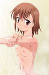  blush breasts brown_eyes brown_hair kesuida misaka_mikoto nipples nude small_breasts solo to_aru_majutsu_no_index 