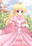  :d blonde_hair blue_eyes blush castle crown dress earrings elbow_gloves gloves highres holding jewelry kouta. long_hair mario_(series) open_mouth petals pink_dress princess_peach smile solo super_mario_bros. 