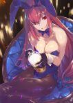  1girl alcohol animal_ears bangs bare_shoulders beer beer_mug bow bowtie breasts bunny_ears collarbone detached_collar fate/grand_order fate_(series) gloves hair_between_eyes highleg large_breasts leotard light_particles long_hair looking_at_viewer ohland open_mouth pantyhose purple_gloves purple_hair purple_leotard red_eyes scathach_(fate)_(all) scathach_(fate/grand_order) solo sparkle thighs wrist_cuffs 
