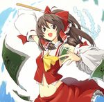  ascot bad_id bad_pixiv_id bow brown_eyes brown_hair colorized creeper detached_sleeves fuji-k gohei groin hage hair_bow hair_tubes hakurei_reimu long_hair midriff minecraft navel no_panties ofuda oonusa revision simple_background skirt solo touhou when_you_see_it 