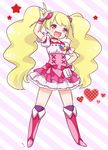  :d \m/ arm_up blonde_hair blush boots bow choker corset cure_peach fresh_precure! full_body hair_ornament hairpin hand_on_hip heart heart_hair_ornament knee_boots long_hair magical_girl momozono_love open_mouth pink_bow pink_choker pink_eyes pink_footwear precure skirt smile solo star terayamaden twintails 