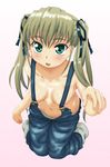  blush breasts green_eyes kesuida long_hair medium_breasts naked_overalls original overalls smile solo suspenders twintails 