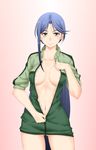  blue_hair blush breasts jacket kesuida large_breasts long_hair looking_at_viewer naked_track_jacket sleeves_pushed_up smile solo to_aru_majutsu_no_index track_jacket undressing unzipping very_long_hair yomikawa_aiho 