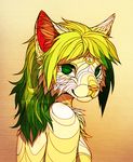  canine falvie female fur green_eyes green_hair hair looking_at_viewer mammal solo white_fur wolf 