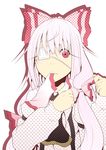  absurdres bow eyepatch fujiwara_no_mokou hair_bow hair_ribbon hairdressing highres long_hair matsura_(nagatosan) mouth_hold red_eyes ribbon solo suspenders touhou white_hair 