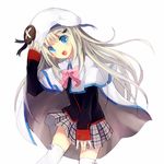  bison_cangshu blue_eyes bow cape hat little_busters! long_hair noumi_kudryavka pink_bow school_uniform silver_hair solo thighhighs 