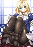  black_legwear blonde_hair blue_eyes blush feathers feet gloves kyoukaisenjou_no_horizon legs long_hair mary_stuart muunyan_(yumenekoya) pantyhose sitting smile soles solo sunlight very_long_hair white_gloves window 