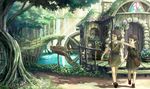  bag barrel brown_eyes brown_hair bug butterfly child fantasy flower harupy highres insect multiple_girls nature original plant pointing pointy_ears potted_plant resized revision scenery short_hair sign tree tunic water water_wheel waterfall 