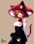  animal_ears blue_eyes breastless_clothes breasts copyright_request fang hat isotonix medium_breasts nipples nixinamo:lens panties pantyshot red_hair revision solo striped striped_panties tail thighhighs underwear upskirt 