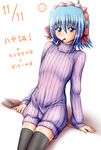  ayasaki_hayate blue_eyes blue_hair food hayate_no_gotoku! male_focus mouth_hold otoko_no_ko pocky pocky_day ponpo short_hair sweater thighhighs 