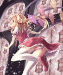  ass back blonde_hair blush flandre_scarlet light_particles no_hat no_headwear nyafu_(moai_lion) open_mouth panties revision short_hair side_ponytail sideways_mouth skirt smile solo stained_glass striped striped_panties thighhighs touhou underwear white_legwear wings 