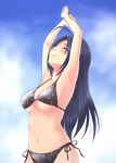  ahoge armpits arms_up bikini black_hair blue_hair breasts closed_eyes idolmaster idolmaster_(classic) large_breasts long_hair miura_azusa navel puton revision side-tie_bikini solo stretch swimsuit underboob 