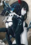  absurdres black_gold_saw black_hair black_rock_shooter black_rock_shooter_(character) blue_eyes blue_hair boots burning_eye chain coat hands highres horns katana legs long_hair multiple_girls oni-noboru pale_skin red_eyes revision scar sword twintails uneven_twintails weapon 