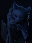  black_background black_nose blue_eyes blue_fur blue_theme canine dark_theme darkness falvie fur grey_body hand_to_face lonely male mammal night nude plain_background simple_background solo wolf 