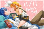  1girl blonde_hair blue_eyes blue_hair blue_scarf blush commentary food hair_ornament hair_ribbon hairclip heart kagamine_rin kaito pocky pocky_day pocky_kiss ribbon scarf shared_food shinyae short_hair vocaloid 