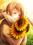  axis_powers_hetalia blonde_hair closed_eyes coat flower male_focus men_(tttrrr56) russia_(hetalia) scarf smile solo sunflower 