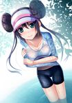  bike_shorts blue_eyes blush breasts cleavage double_bun hati_(19870119hy) highres leaf long_hair medium_breasts mei_(pokemon) pokemon pokemon_(game) pokemon_bw2 see-through smile solo twintails visor_cap wet wet_clothes 