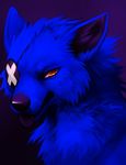  blue_fur canine damascus eye_patch eyewear falvie fur looking_at_viewer male mammal orange_eyes purple_background purple_tongue solo wolf 