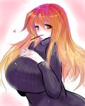  blush breast_suppress breasts brown_eyes brown_hair food food_in_mouth gradient_hair han_(jackpot) hijiri_byakuren huge_breasts long_hair multicolored_hair pink_hair pocky purple_eyes ribbed_sweater solo sweater touhou 