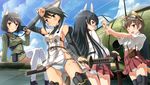  aircraft airplane anabuki_tomoko animal_ears back-to-back bangs bare_shoulders black_eyes black_hair blue_sky blunt_bangs blush brown_eyes brown_hair camera cloud commentary_request day detached_sleeves hi-ho- highres katana katou_keiko katou_takeko ki-43_hayabusa kuroe_ayaka leica_ii long_hair military military_uniform multiple_girls one_eye_closed open_mouth panties revision short_hair sitting sky sunlight sword tail thighhighs underwear uniform weapon white_legwear world_witches_series 