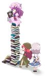  :d arm_behind_back blush book book_stack book_tower bow chibi floating hair_bow hat hong_meiling izayoi_sakuya knife long_hair maid maid_headdress massala multiple_girls open_mouth patchouli_knowledge purple_hair red_hair revision silver_hair smile striped touhou v-shaped_eyebrows 