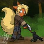  anthro avian beak bird black_nose blonde_hair clothing crow eeveelution flareleon flareon gun hair jandan male nintendo parody pok&#233;mon pok&eacute;mon ranged_weapon resident_evil_4 video_games weapon 